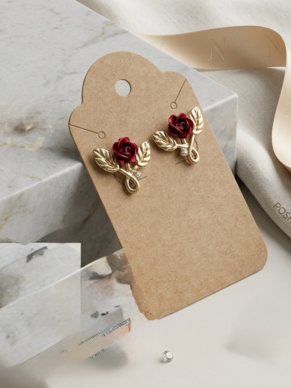 Vintage-Style Red Rose & Gold Leaf Stud Earrings
